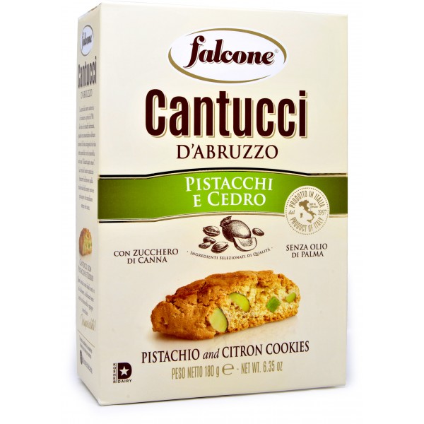 Falcone Dolciaria S.r.l. - Cantucci Pistacchio, ital. Mandelgebäck verfeinert mit kandierten Zitronenstückchen und ganzen Pistazien